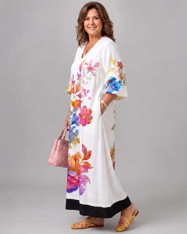 Fiorentino | Abito midi boho con stampa floreale acquerellata