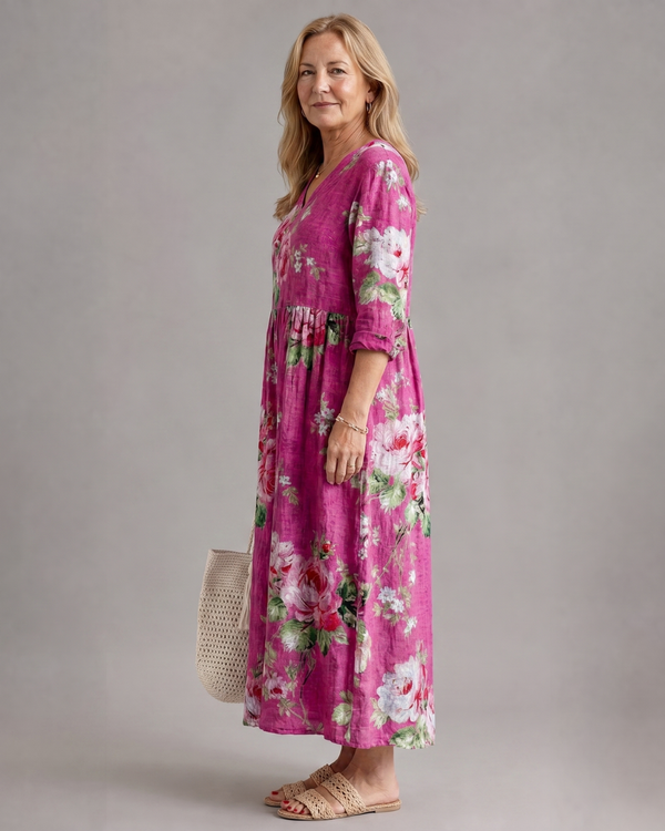 Roswitha | Abito midi boho con stampa di rose vintage