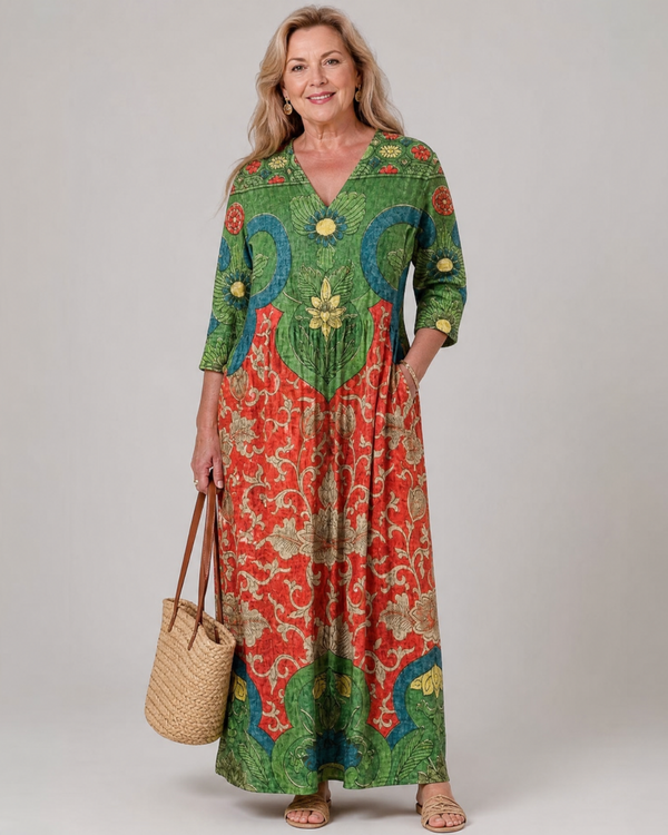 Selma | Abito midi boho con stampa vintage astratta