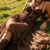 Abito Maxi in Chiffon con Pannelli in Pizzo Marrone Scuro