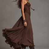Abito Maxi in Chiffon con Pannelli in Pizzo Marrone Scuro