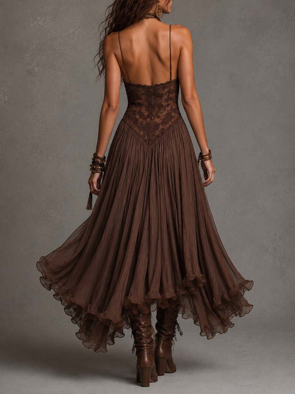 Abito Maxi in Chiffon con Pannelli in Pizzo Marrone Scuro