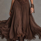 Abito Maxi in Chiffon con Pannelli in Pizzo Marrone Scuro