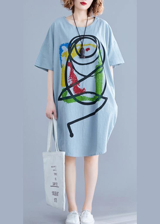 100% light green o neck Cotton clothes Women Cartoon print baggy summer Dresses