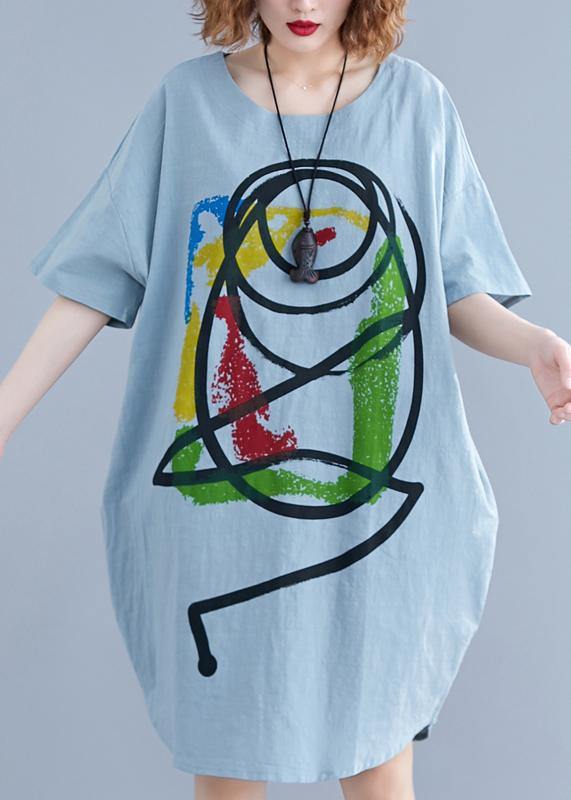 100% light green o neck Cotton clothes Women Cartoon print baggy summer Dresses