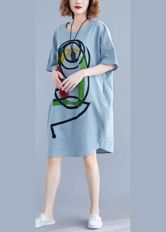 100% light green o neck Cotton clothes Women Cartoon print baggy summer Dresses