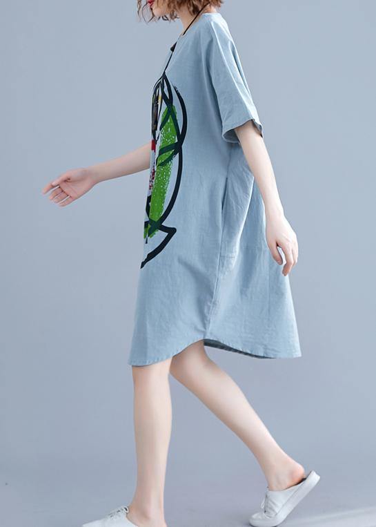 100% light green o neck Cotton clothes Women Cartoon print baggy summer Dresses