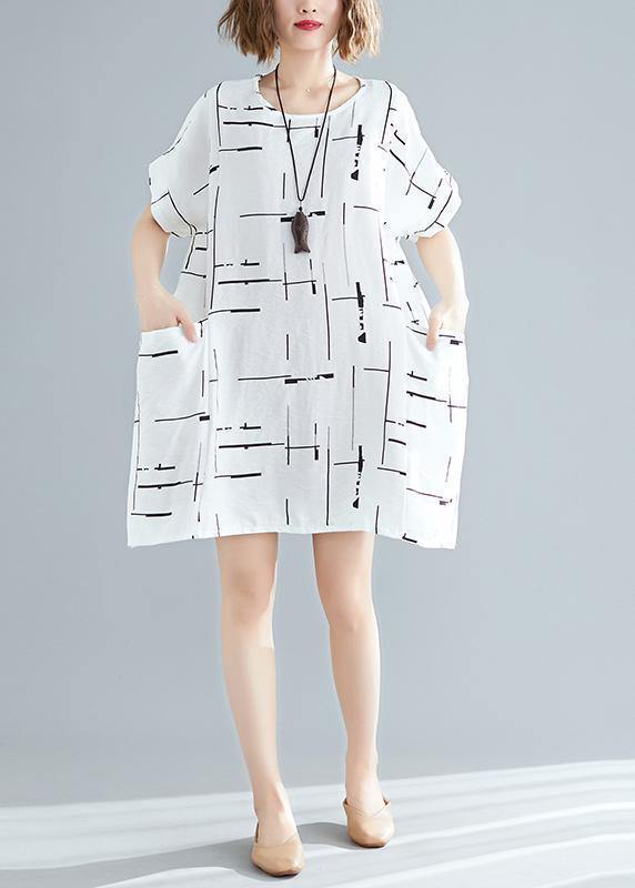 100% o neck pockets Cotton blended clothes For Women stylish Wardrobes white print short Dress Summer