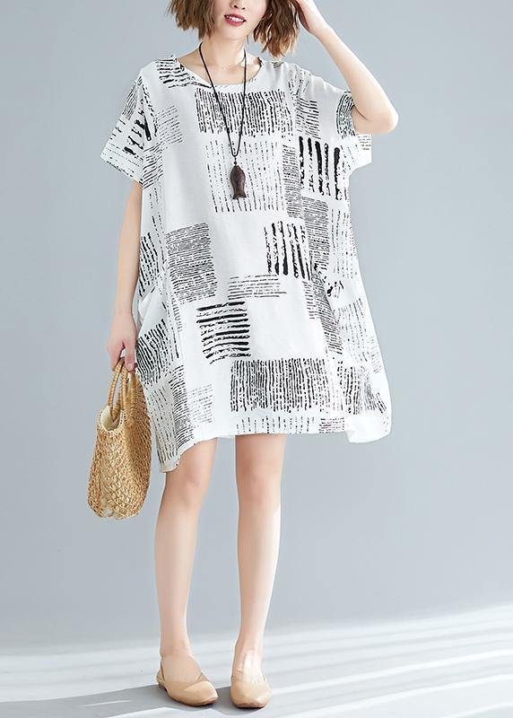 100% o neck pockets Cotton blended clothes For Women stylish Wardrobes white print short Dress Summer