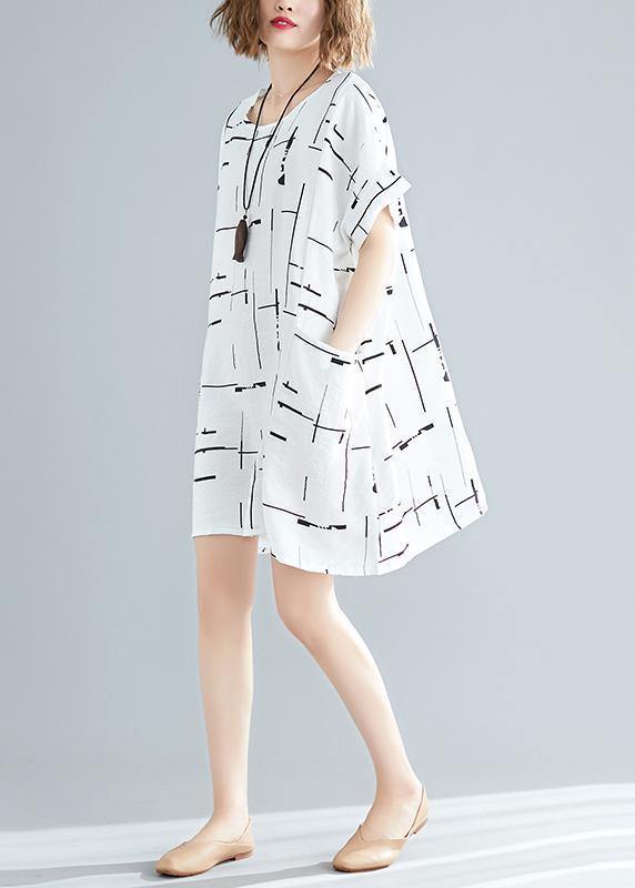 100% o neck pockets Cotton blended clothes For Women stylish Wardrobes white print short Dress Summer