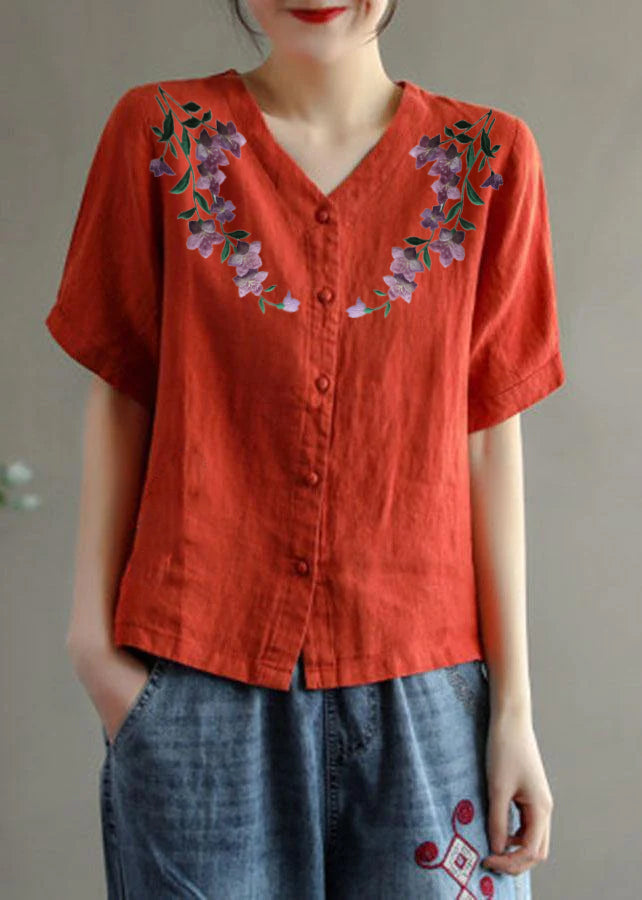 Loose Pink V Neck Embroideried Floral Summer cotton blend Shirt