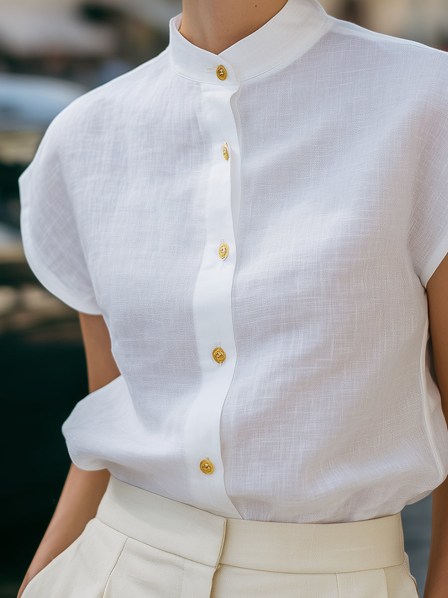 Mandarin Collar Button-Front Cap Sleeve Blouse