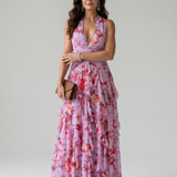 Nori | Abito Maxi Floreale con Corpino Arricciato e Collo Halter