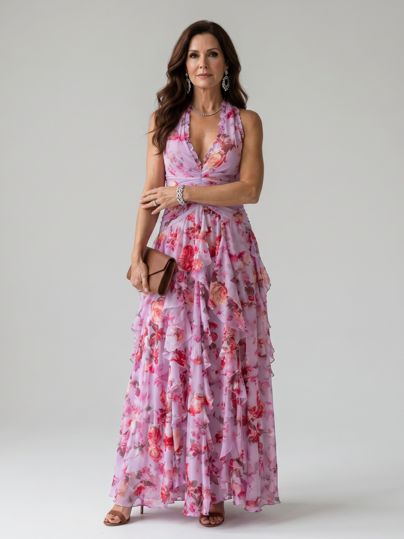 Nori | Abito Maxi Floreale con Corpino Arricciato e Collo Halter