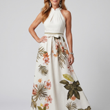 Prato | Abito Maxi con Pannello Botanico e Scollo Halter Drappeggiato