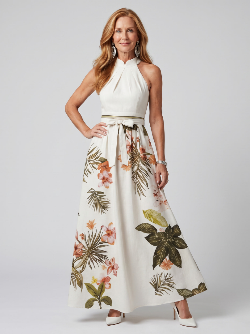 Prato | Abito Maxi con Pannello Botanico e Scollo Halter Drappeggiato
