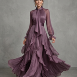 Demetria | Abito Maxi con Collo a Fiocco e Balze