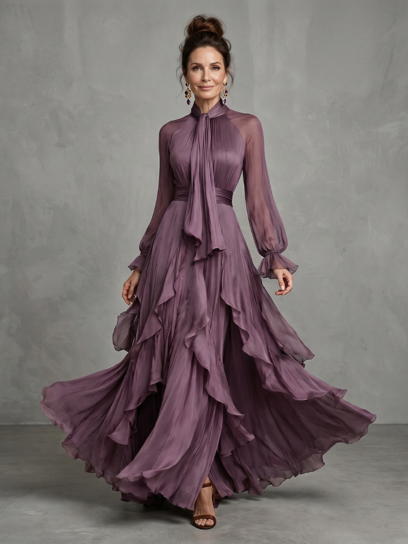 Demetria | Abito Maxi con Collo a Fiocco e Balze