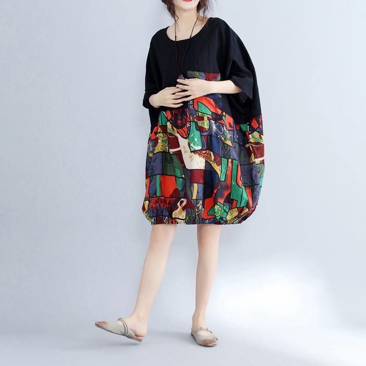 2025 black patchwork cotton shift dress casual cotton clothing dresses Fine batwing sleeve prints cotton dress