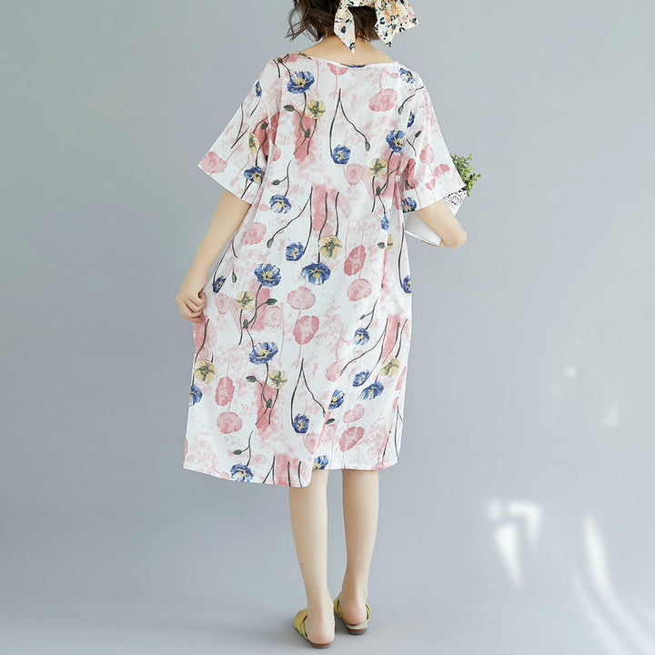 2025 pink Midi cotton dresses trendy plus size cotton dress Elegant short sleeve v neck floral cotton clothing dress