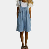 Michelle - Salopette in Denim Leggero Lavato Vintage di Cotone Morbido Blu Chiaro