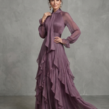 Demetria | Abito Maxi con Collo a Fiocco e Balze