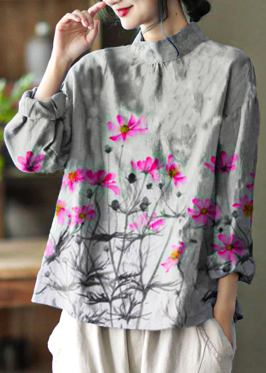 Stylish Blue Embroideried retro Linen Blouse Tops Spring