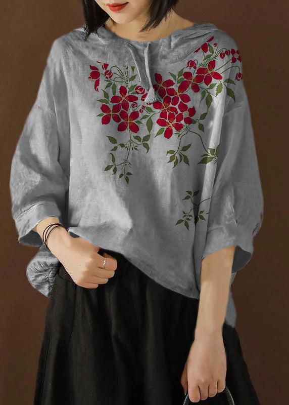 Unique Blouse Indian Linen Summer Literary White Hooded Three Quarter Sleeve T-shirt