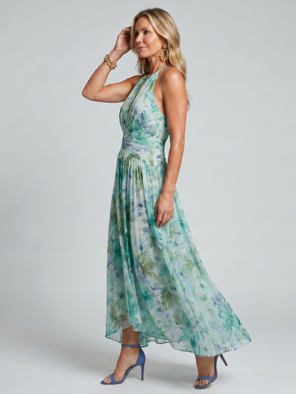 Portia | Abito Maxi a Scollo Halter con Pieghe e Motivo Floreale Sofisticato