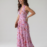 Nori | Abito Maxi Floreale con Corpino Arricciato e Collo Halter