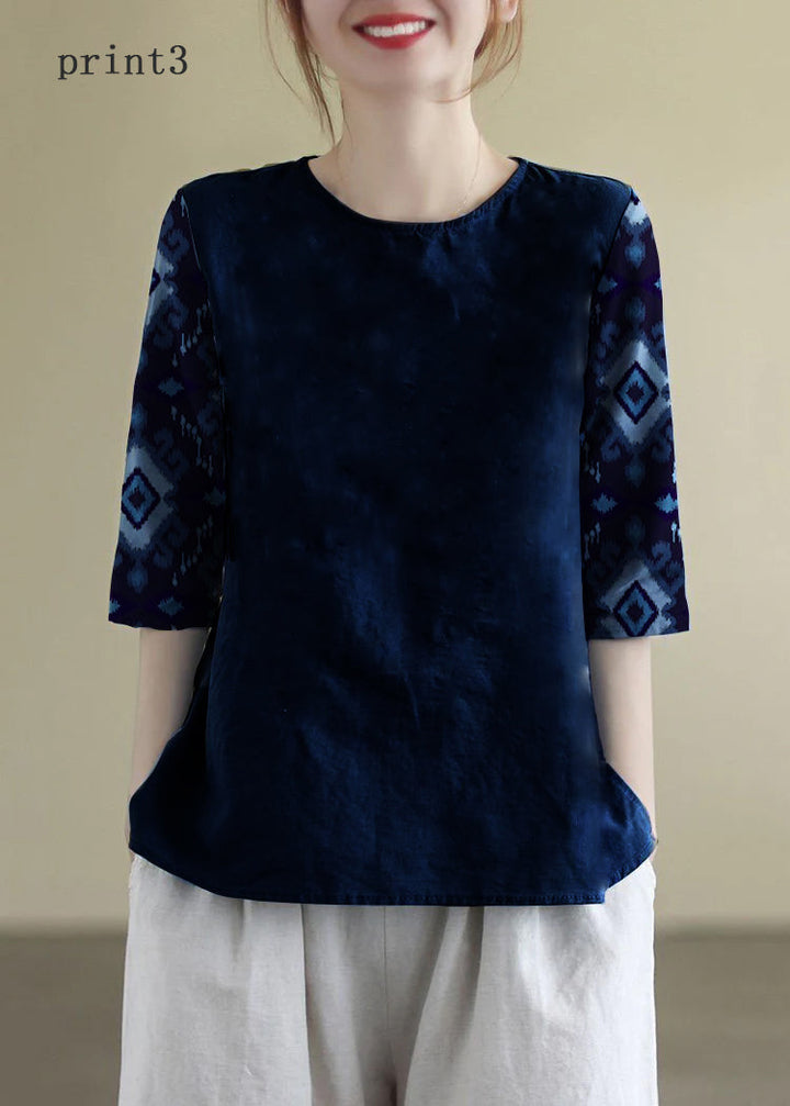 French Navy O-Neck Embroideried Cotton Blouses Half Sleeve
