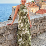 Olivia | Abito Midi con Vita Arricciata e Stampa Astratta
