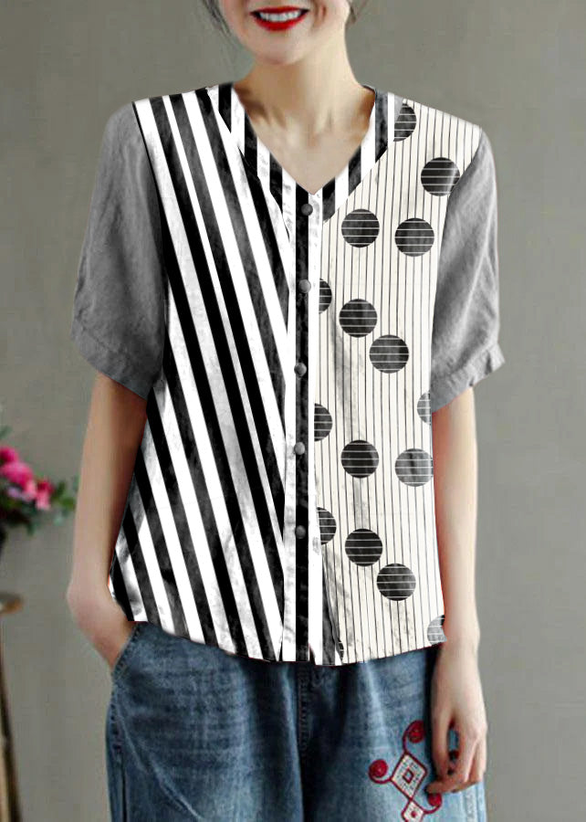 Loose Pink V Neck Embroideried Floral Summer cotton blend Shirt