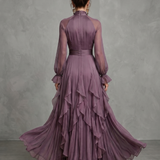 Demetria | Abito Maxi con Collo a Fiocco e Balze