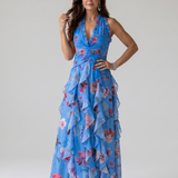 Nori | Abito Maxi Floreale con Corpino Arricciato e Collo Halter