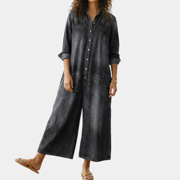 Saylor - Salopette in Denim di Cotone Lavato Vintage con Chiusura a Bottone