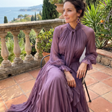 Demetria | Abito Maxi con Collo a Fiocco e Balze