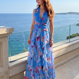 Nori | Abito Maxi Floreale con Corpino Arricciato e Collo Halter