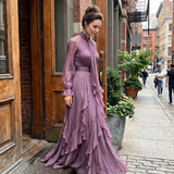 Demetria | Abito Maxi con Collo a Fiocco e Balze