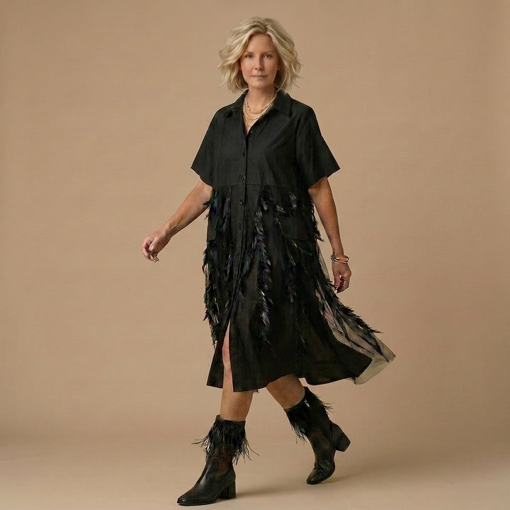Beautiful lapel tulle Cotton summer clothes For Women Shape black Dress