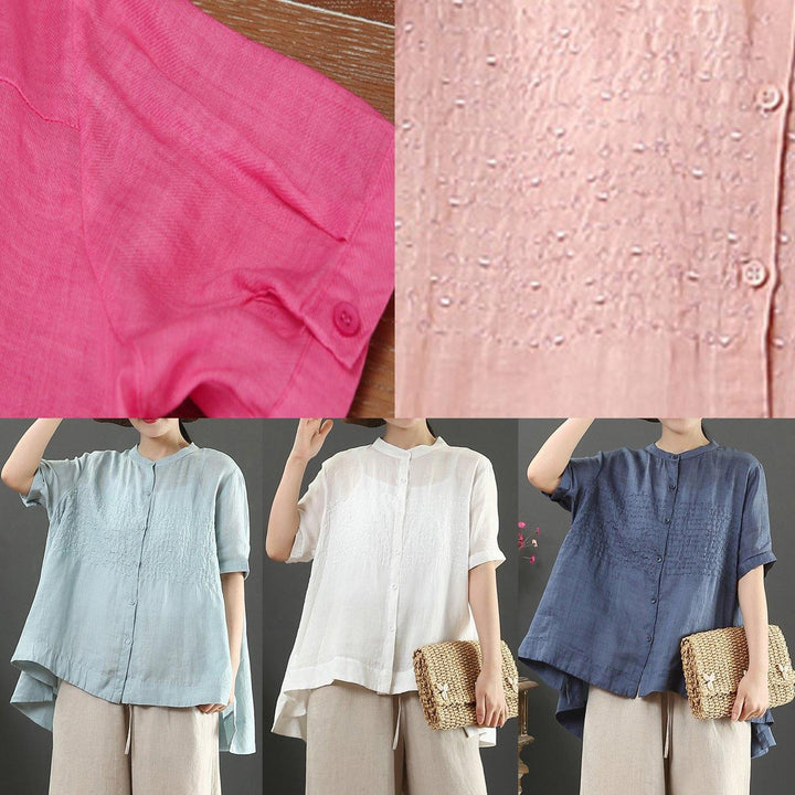 Art white embroidery linen top for women stand collar Midi summer top