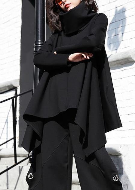 Beautiful black cotton clothes For Women asymmetric hem oversized high neck tops