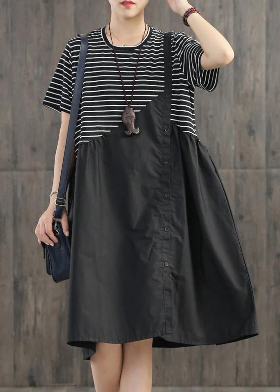 Beautiful cotton clothes Boho Stripes Spliced Round Collar Casual Dress