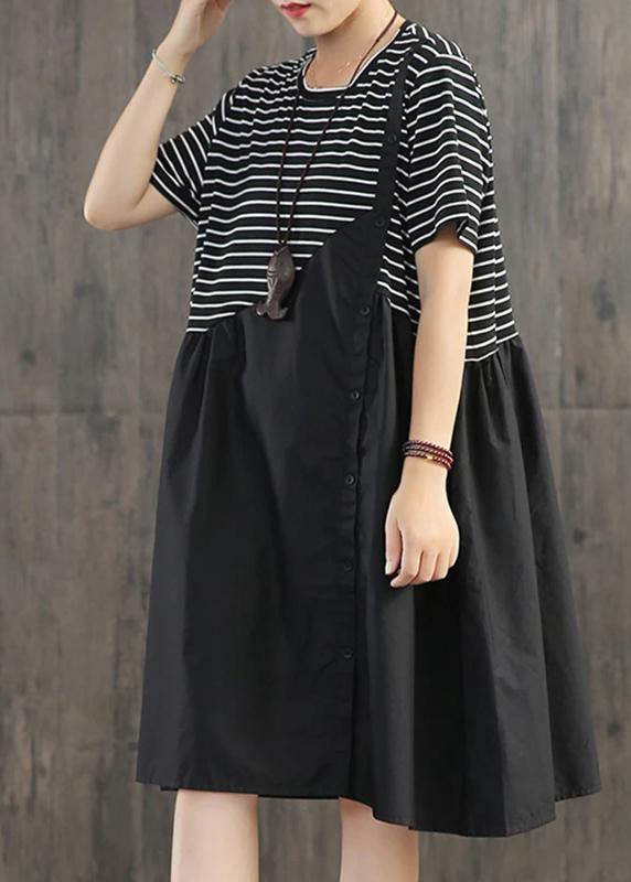 Beautiful cotton clothes Boho Stripes Spliced Round Collar Casual Dress