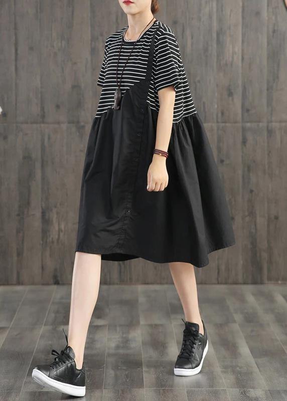 Beautiful cotton clothes Boho Stripes Spliced Round Collar Casual Dress