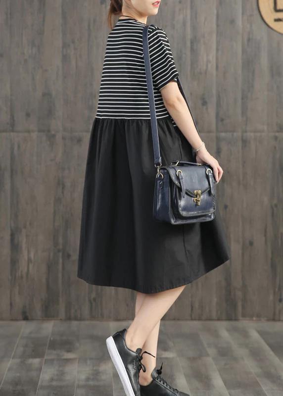 Beautiful cotton clothes Boho Stripes Spliced Round Collar Casual Dress