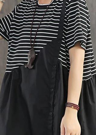 Beautiful cotton clothes Boho Stripes Spliced Round Collar Casual Dress