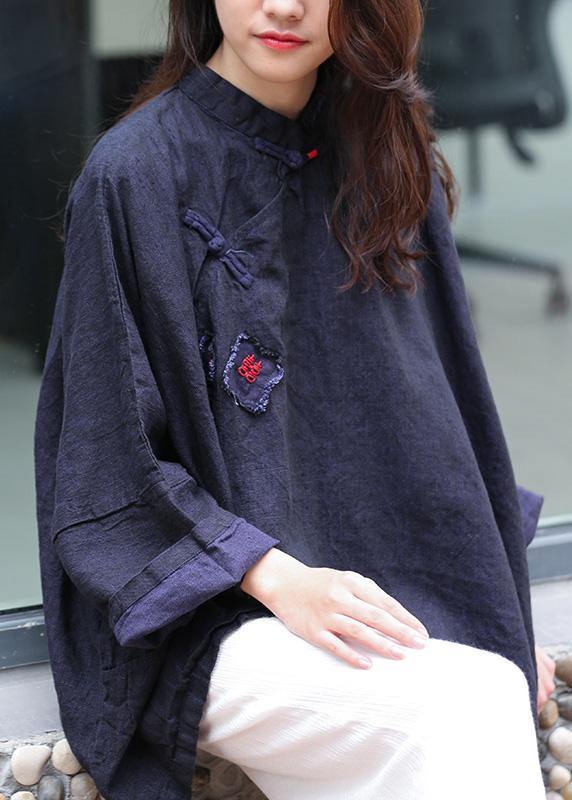 Beautiful stand collar Batwing Sleeve Tunic Cotton navy shirts