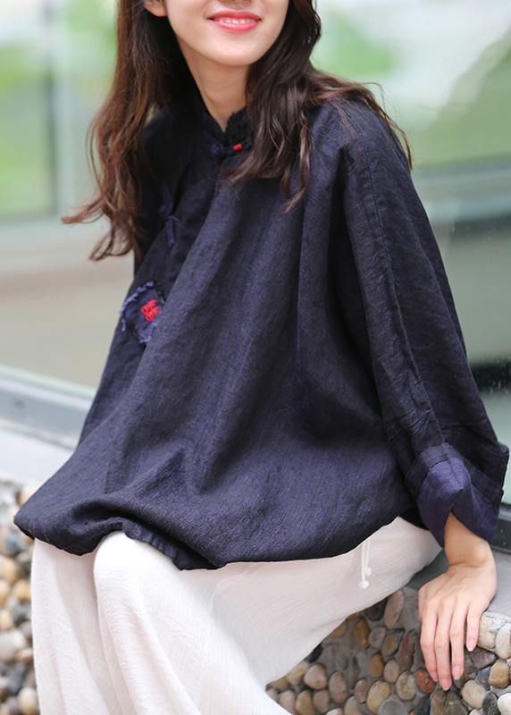 Beautiful stand collar Batwing Sleeve Tunic Cotton navy shirts