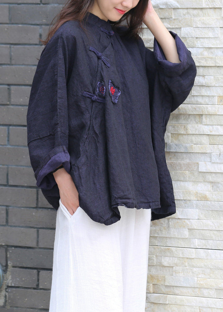 Beautiful stand collar Batwing Sleeve Tunic Cotton navy shirts